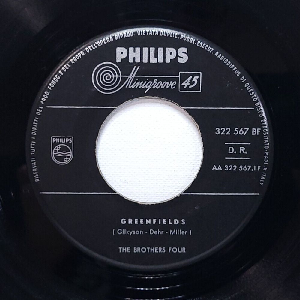 Brothers Four Vinyl 45 Greenfields / Angelique-O on Philips Italy VG+ Pop Vocal